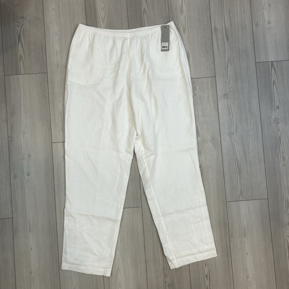NWT Go Silk Women XL Straight Leg High Rise Pull-On 100% Linen White Pants Lined